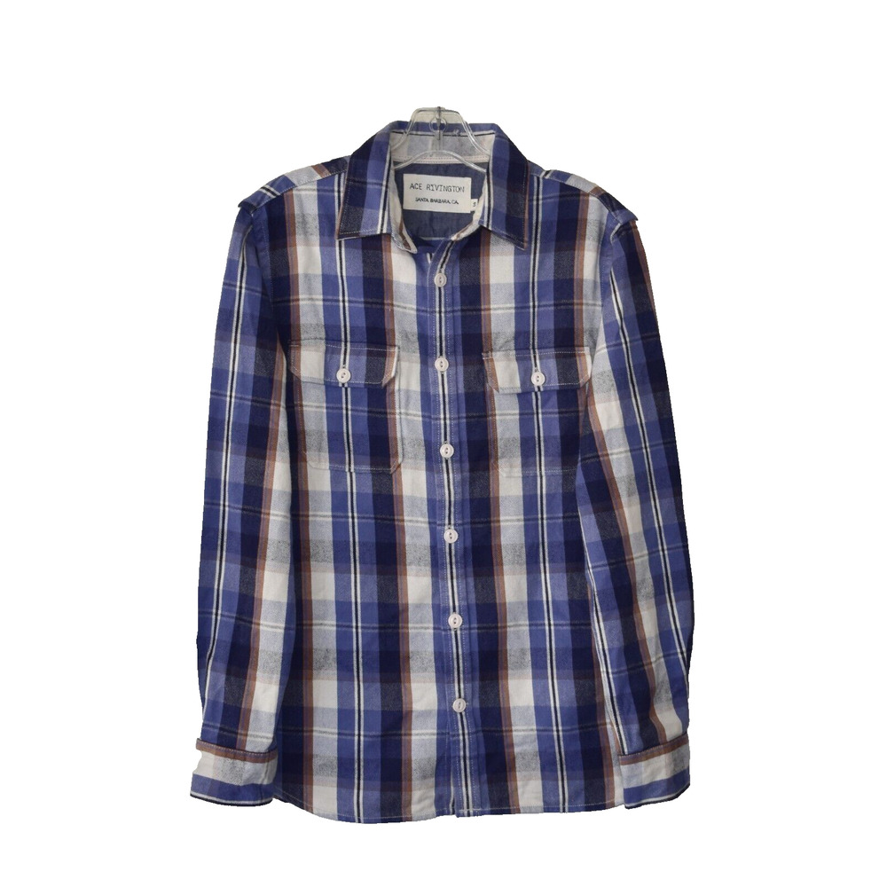 A8 Auth ACE RIVINGTON Santa Barbara Blue Plaid Org Cotton Flanel Shirt Size S